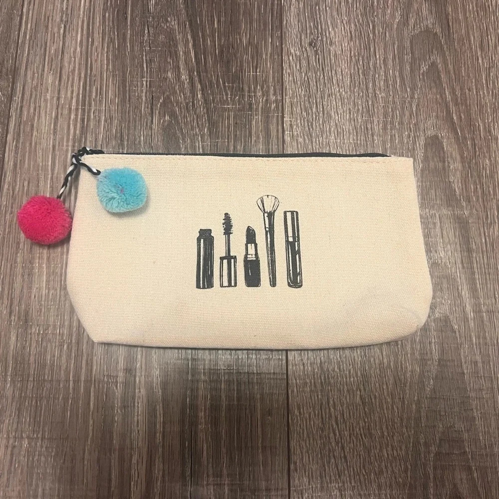 Macys Canvas Make Up Print Cosmetic Pouch Case With Pom Poms